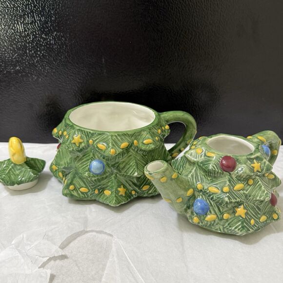 Peggy Jo Ackley Vintage Ceramic Christmas Tree Teapot 3pc. Decor Small - Picture 4 of 5
